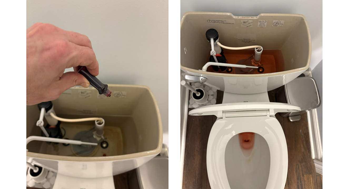 A homeowner dropping blue food coloring into a toilet tank for a leak test.