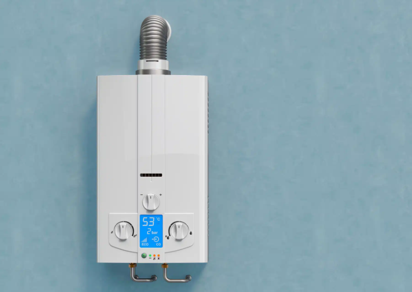 tankless water heater on blue wall