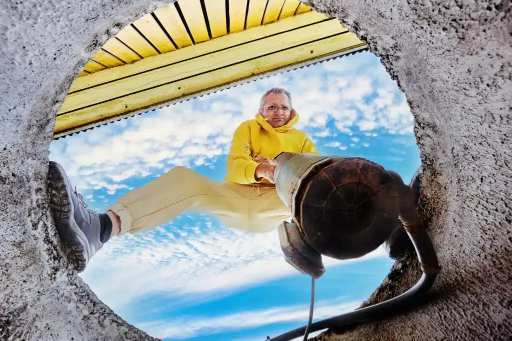 looking up at man putting pipe in hole